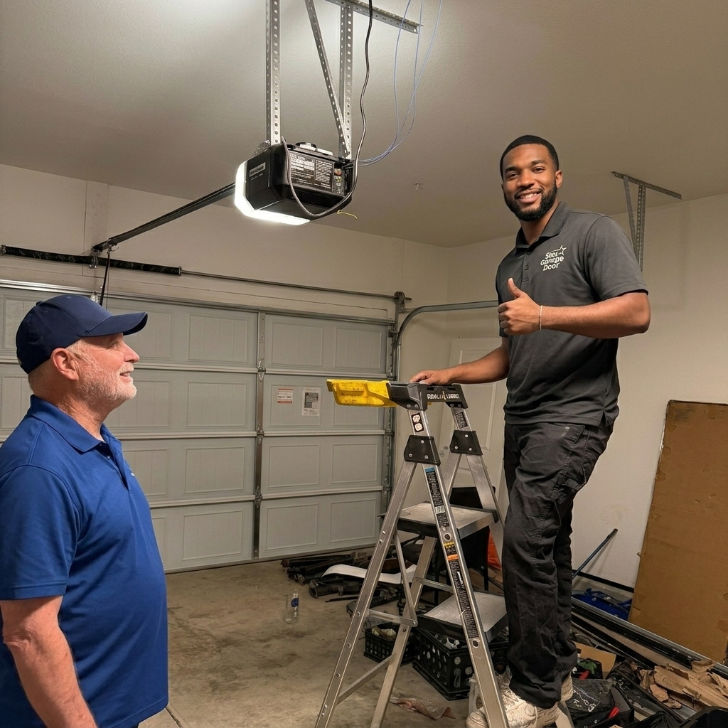 Technician on ladder smiling