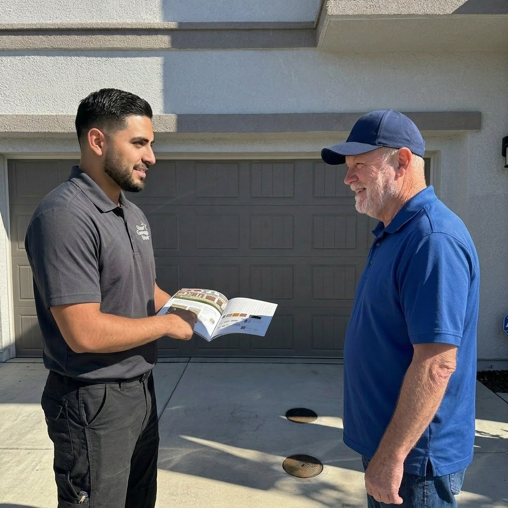Star Garage Door technician showing custom panel catalog options on a booklet to a smiling customer outside